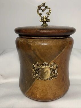 Vintage Italian Leather Wrapped Green Glass Tobacco Humidor Jar w/ Lid